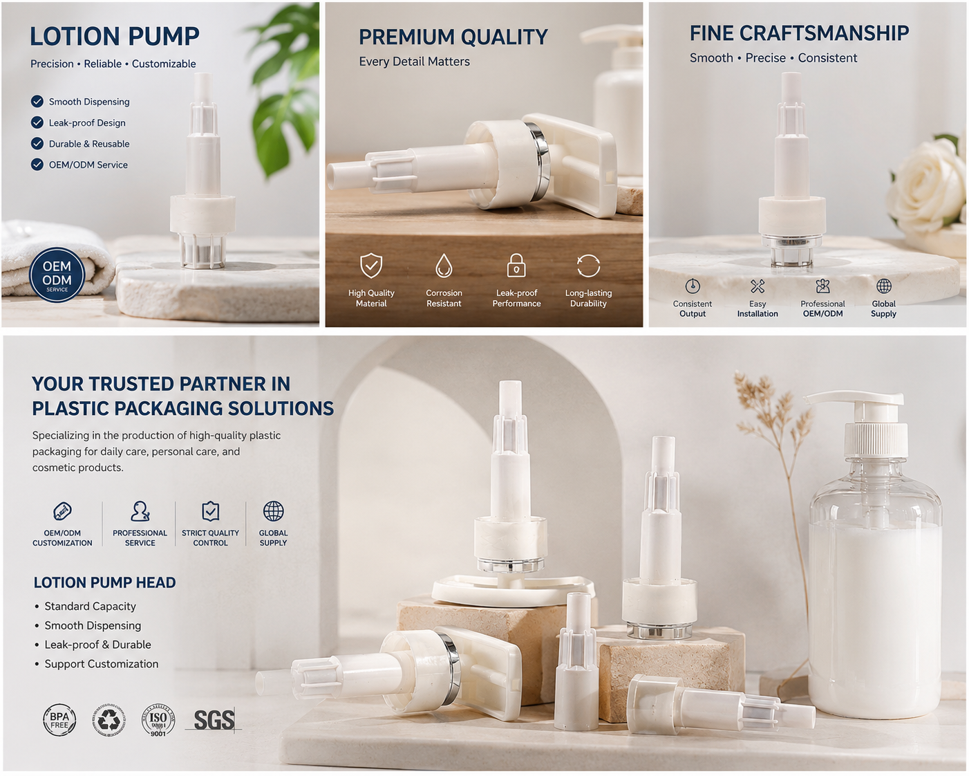 Classic White Cosmetic Dispenser Pump with Silver Trim, Durable Accessory for Lotion and Beauty Containers