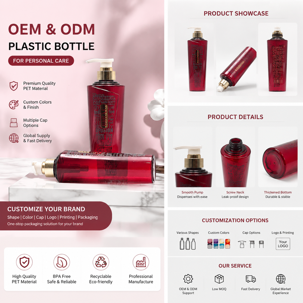 Wine‑Red Slanted Faceted PET Bottle With White‑Gold Pump | Luxury Personal Care Packaging