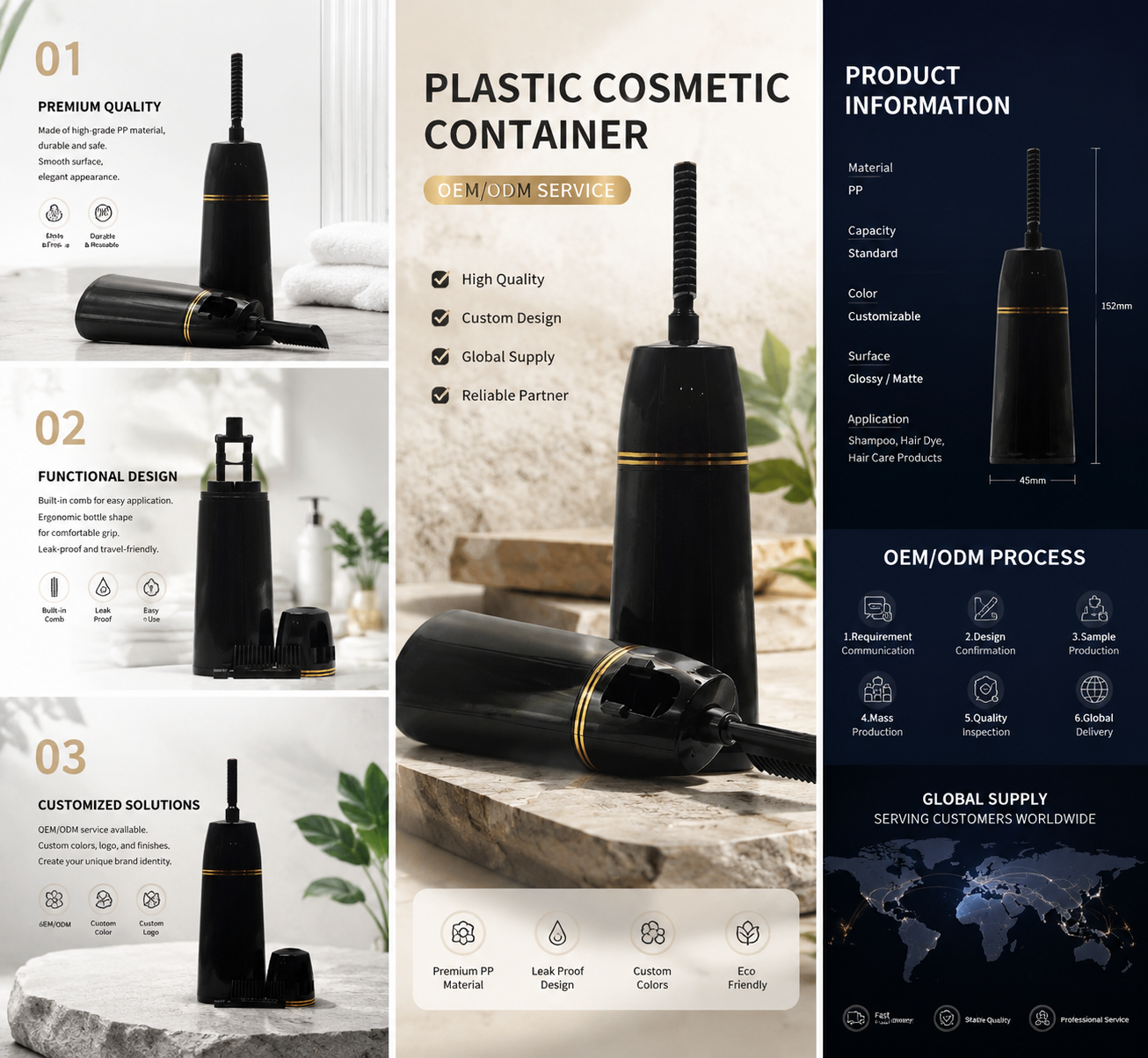 Luxury Black Plastic Foam Pump Bottle with Hair Comb Applicator Nozzle for Home Hair Dye Application
