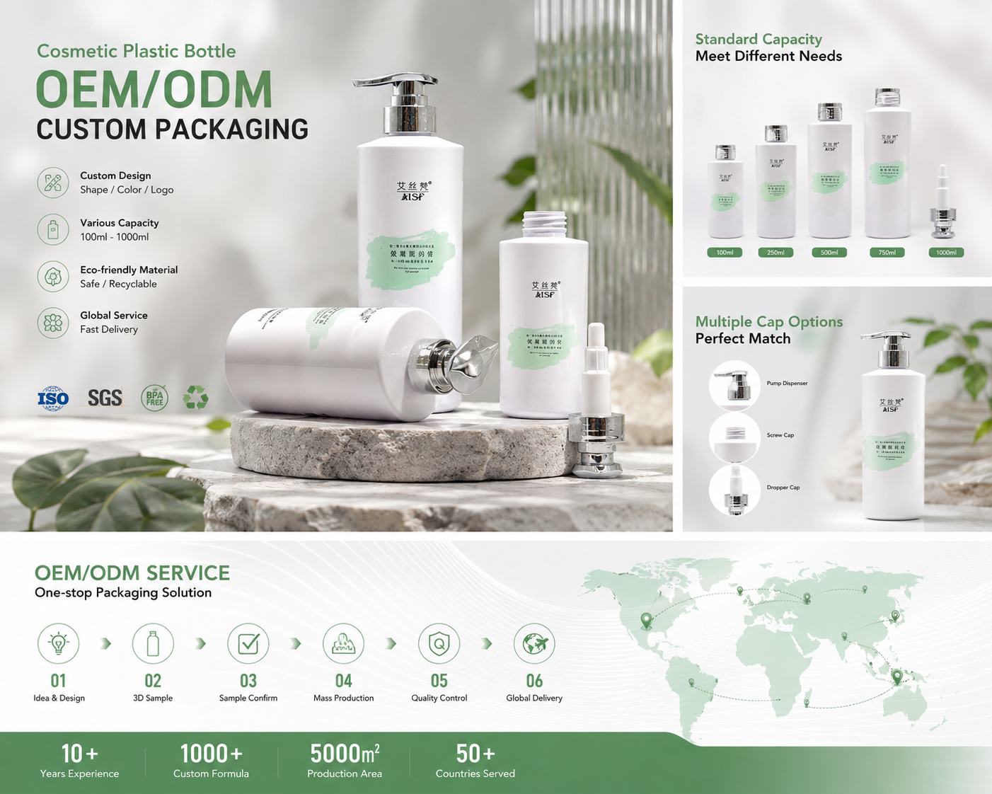 White Straight Cylinder Pump Bottles | Minimalist Modern Cosmetic Packaging