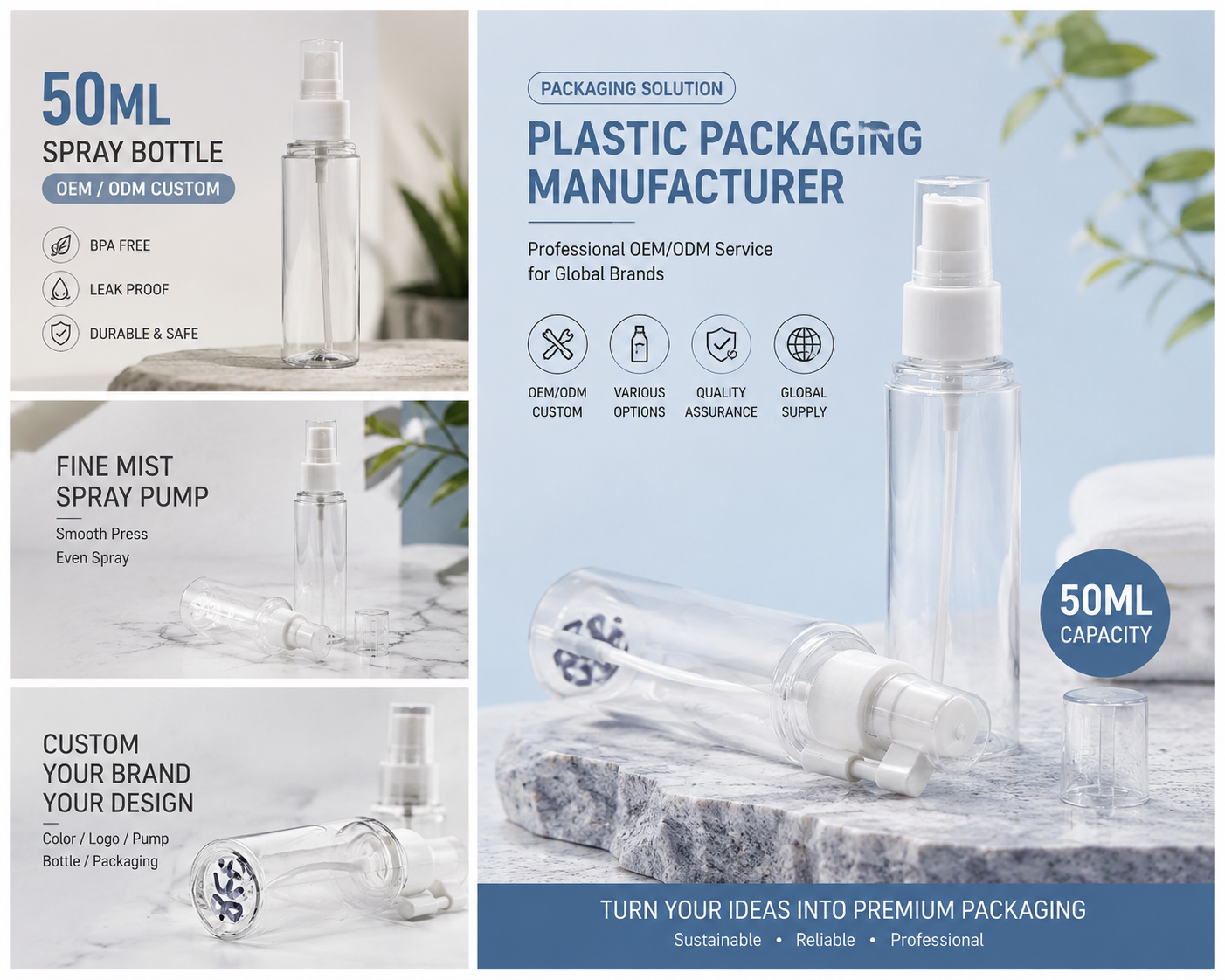 50ml Clear PET Spray Bottle for Cosmetic Packaging