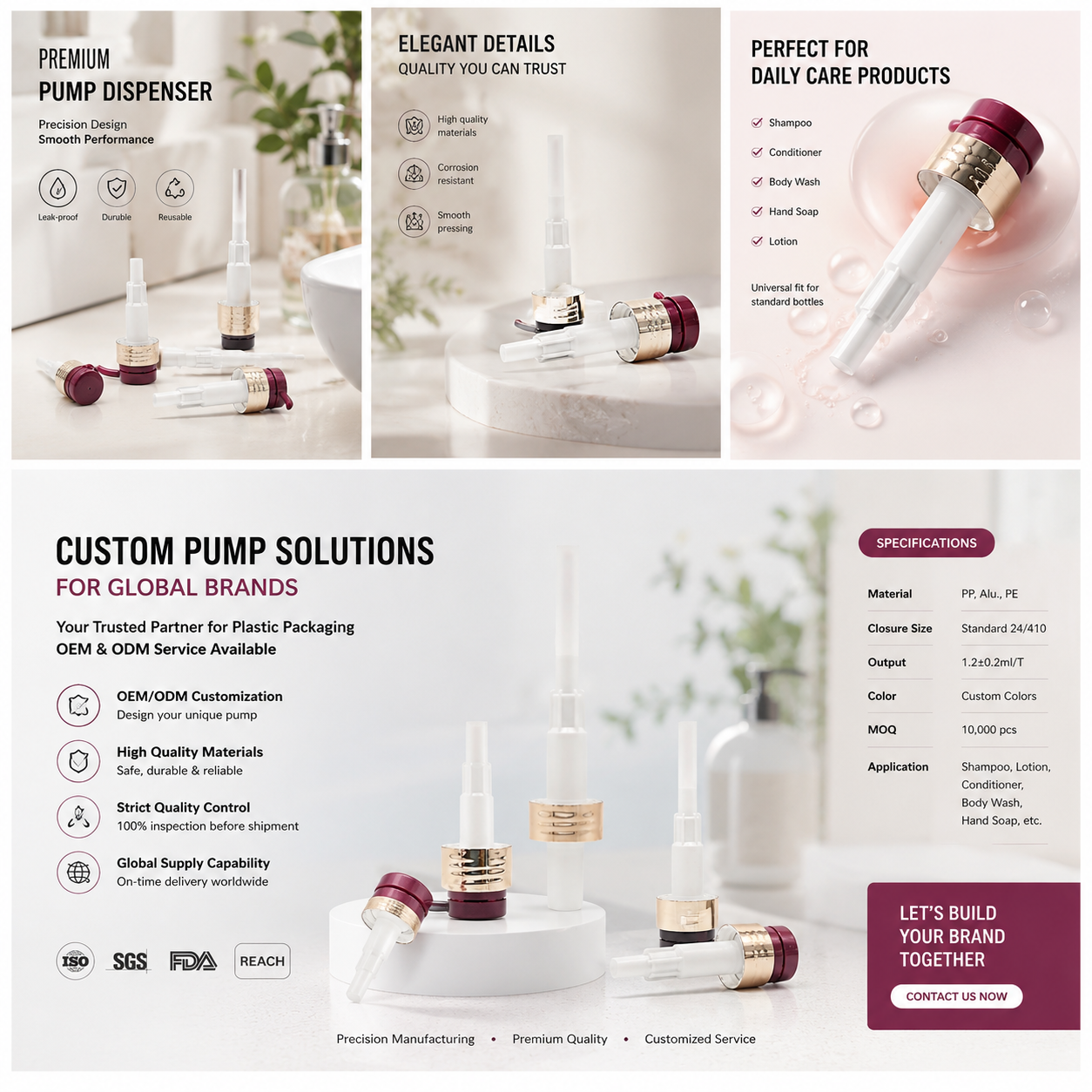 Elegant Cosmetic Dispenser Pump, Burgundy Press Head with Shiny Gold Ring for Skincare and Hair Care Product Containers