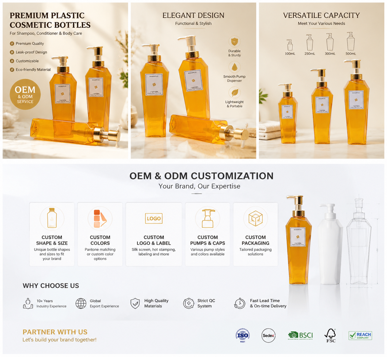 Amber Clear Tall Angular Square PET Bottle With Gold Pump | Premium Luxury Hair & Body Care Packaging