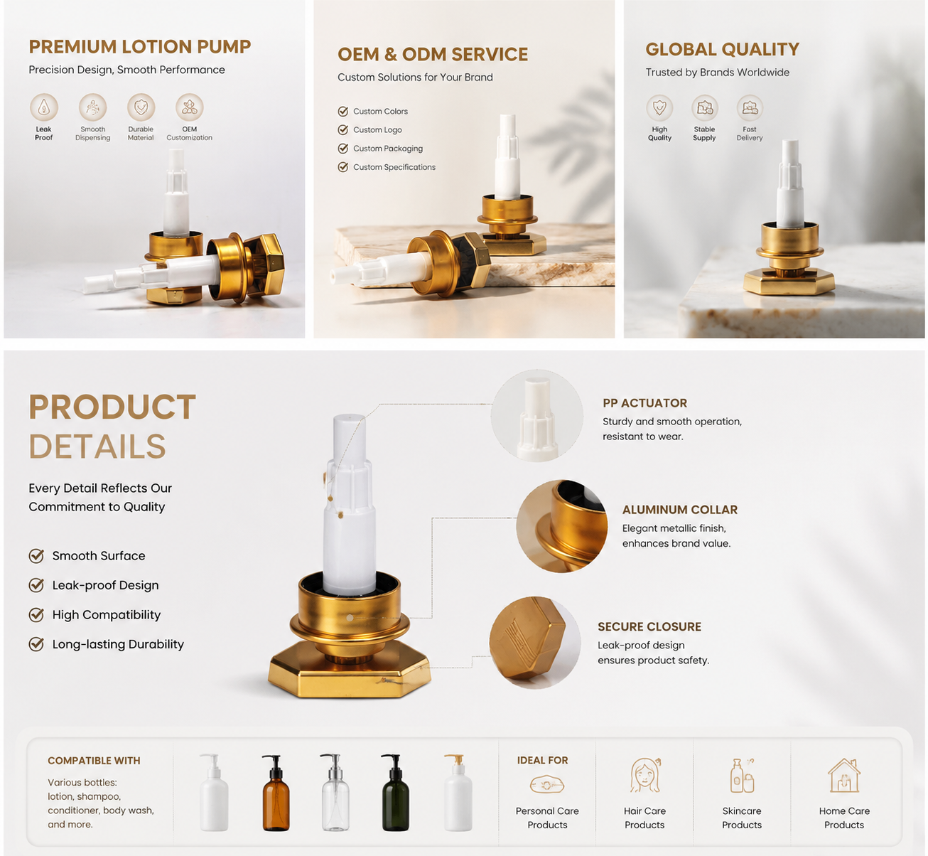 High‑End Octagonal Gold Cosmetic Dispenser Pump, Elegant Accessory for Lotion, Serum and Beauty Product Containers