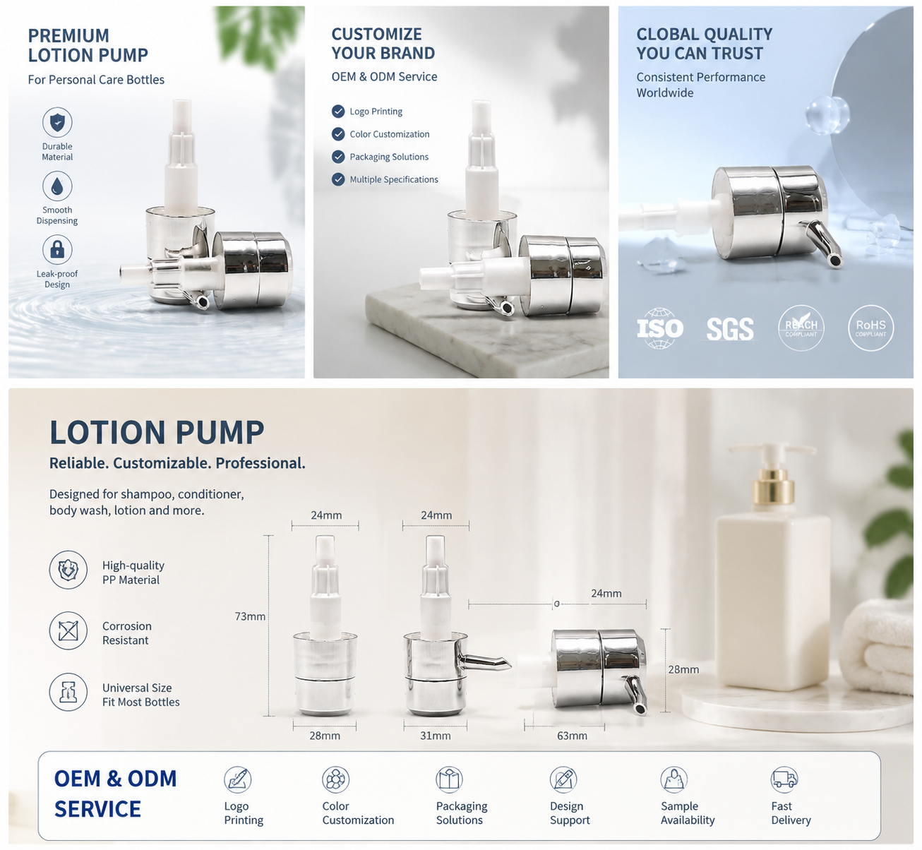 Glossy Silver Plastic Lotion Pump Head, Press‑Type Dispenser for High‑Grade Beauty Liquid Packaging