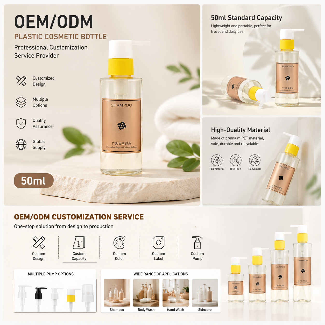 50ml Clear PET Pump Bottle for Shampoo & Body Wash
