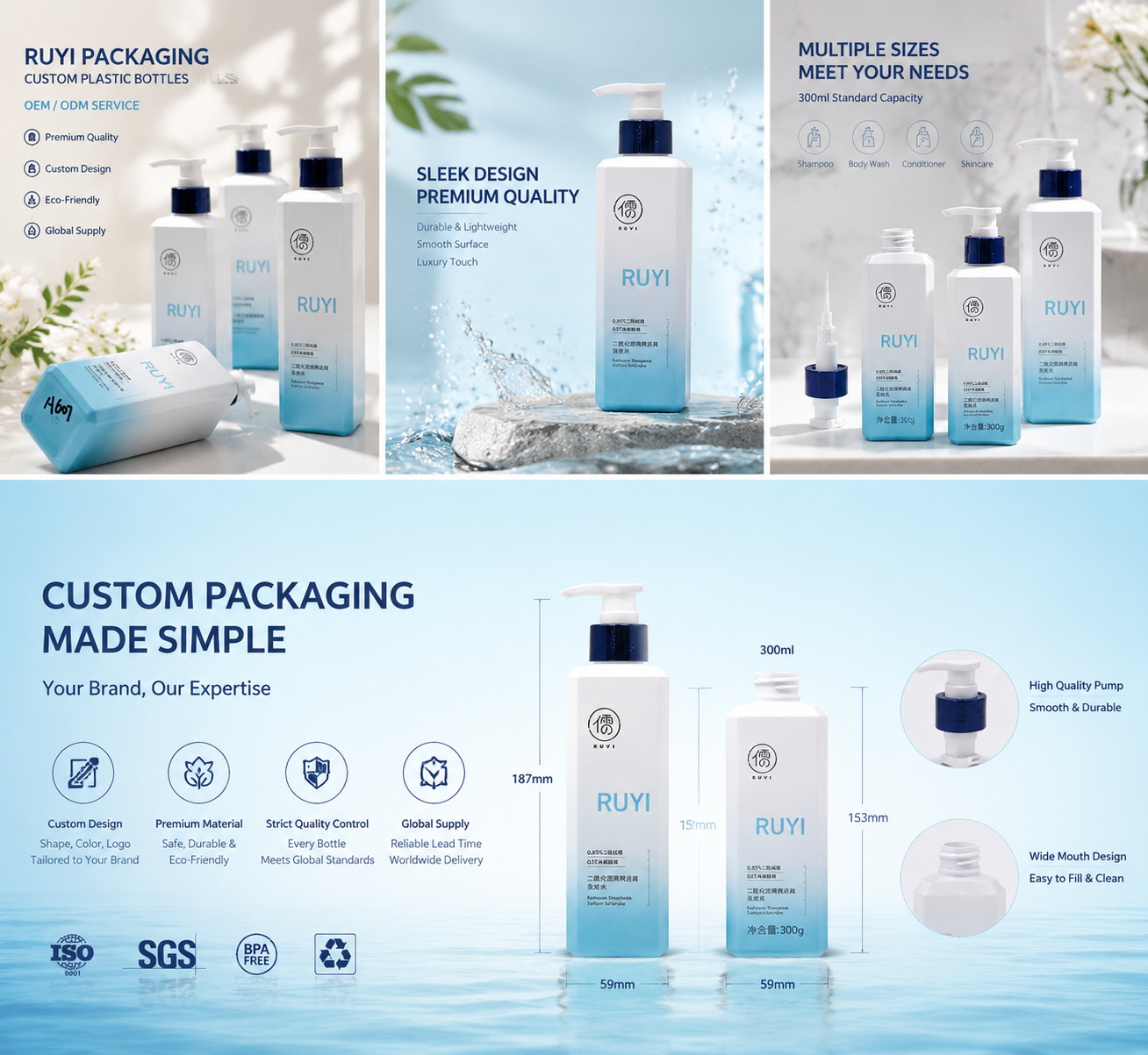 White & Light Blue Gradient Square Pump Bottles | Personal Care Packaging
