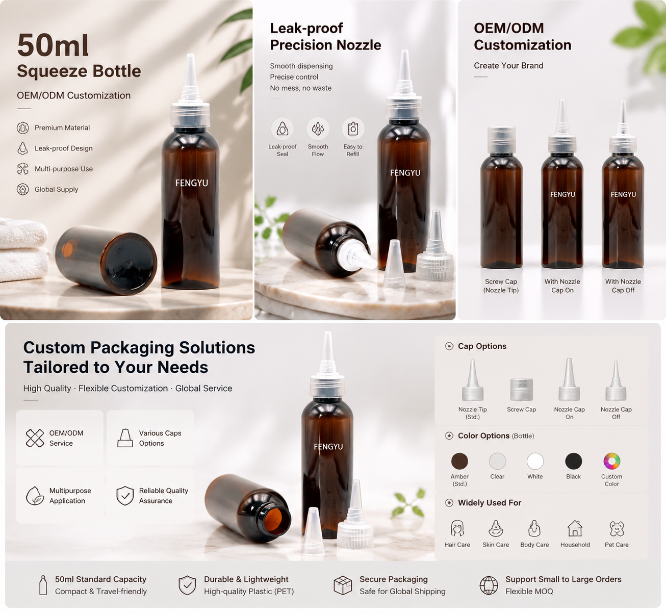 Custom 50ml Leak-proof Plastic Squeeze Bottle for Cosmetic Liquid