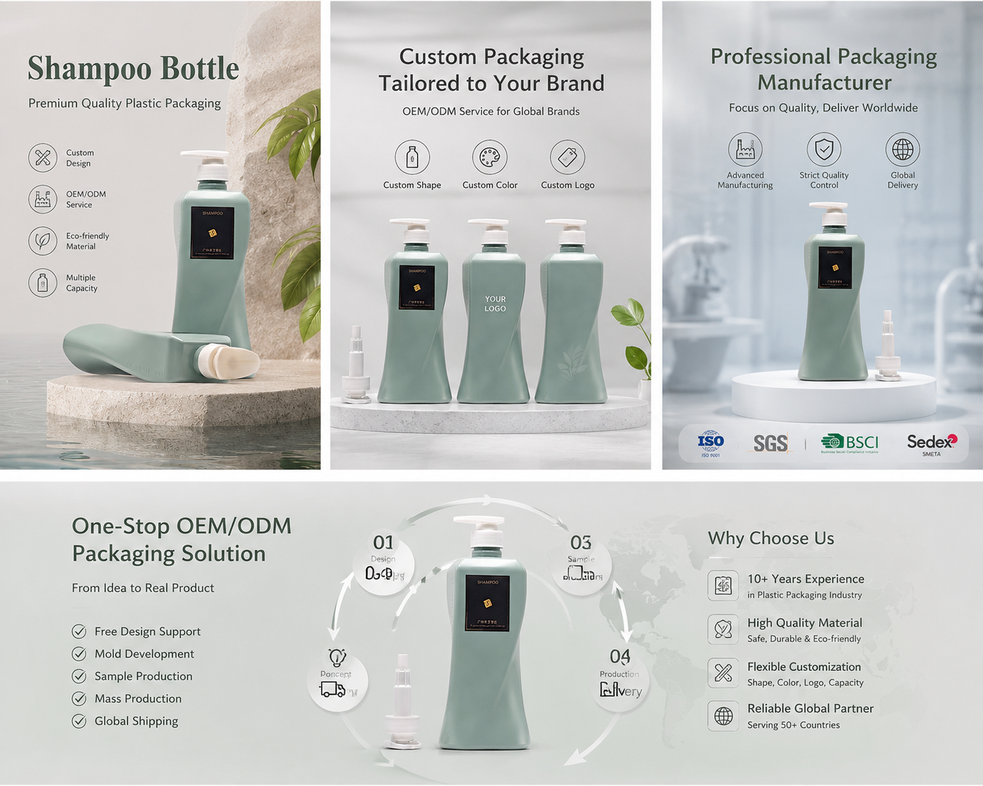 Sage‑Green Curved Waist‑Line PET Pump Bottles | Ergonomic Cosmetic Containers