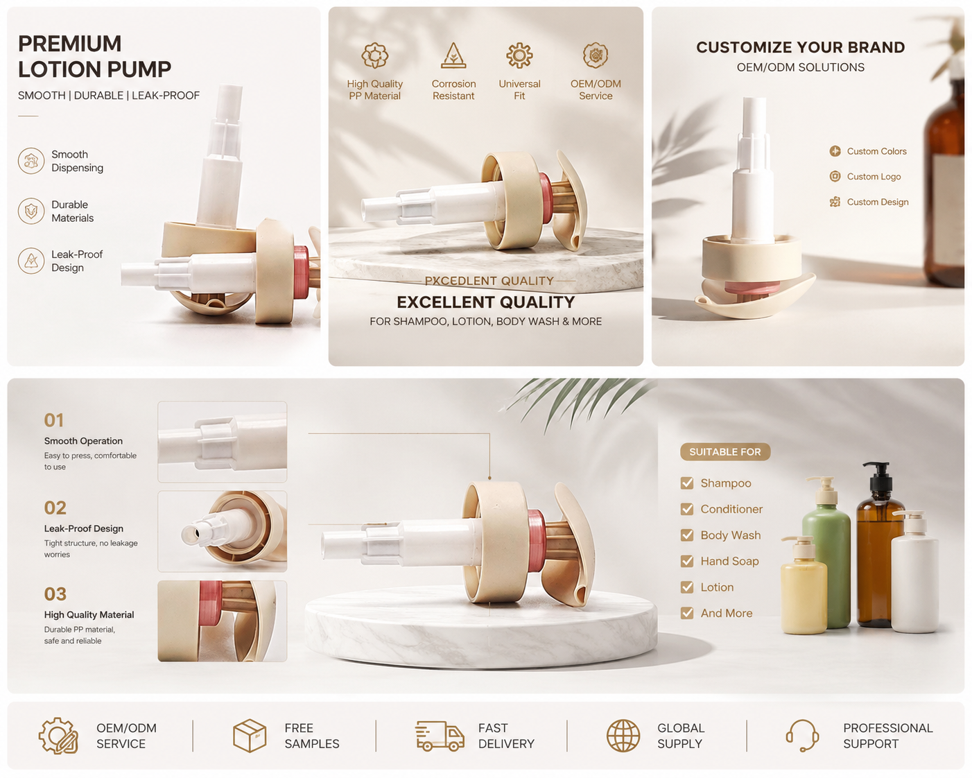 Elegant Beige Cosmetic Dispenser Pump, Curved Press Head for Lotion and Beauty Product Containers