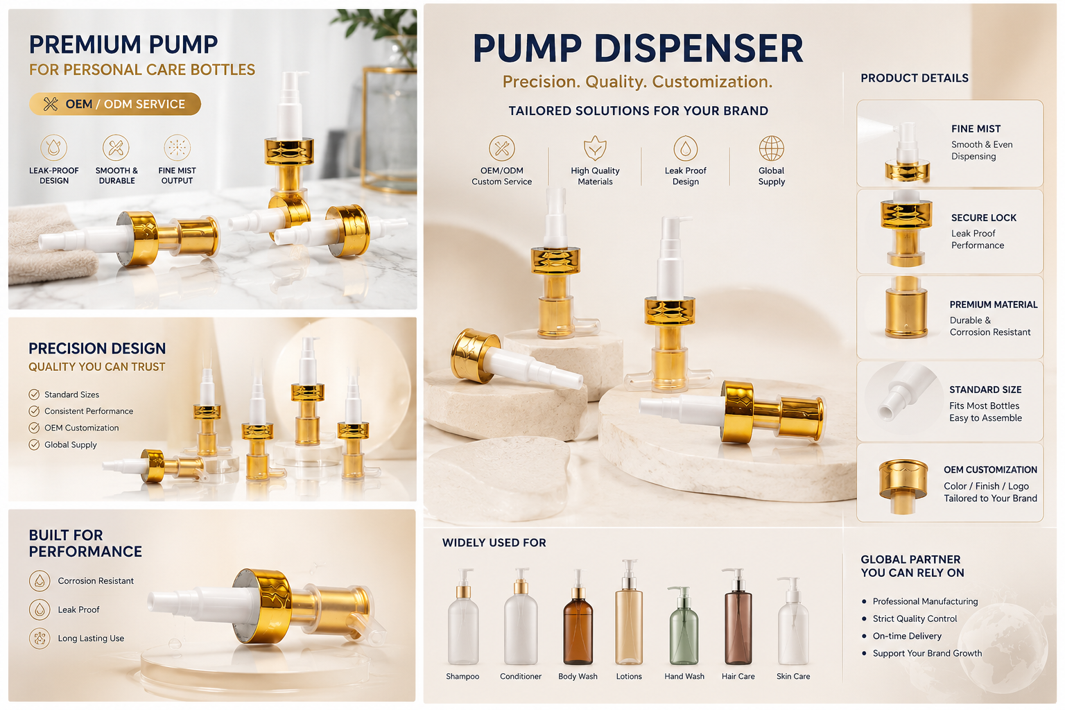 Elegant Metallic Gold Cosmetic Treatment Pump for Serum, Lotion and High‑Grade Skincare Container Accessories