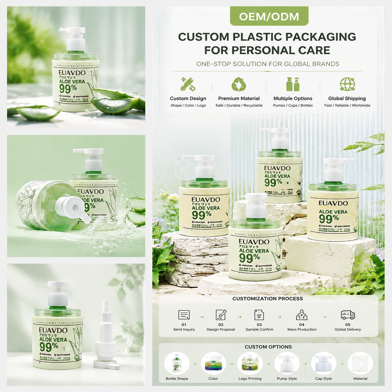 Pastel Light Green Round Pump Bottles | Personal Care Packaging