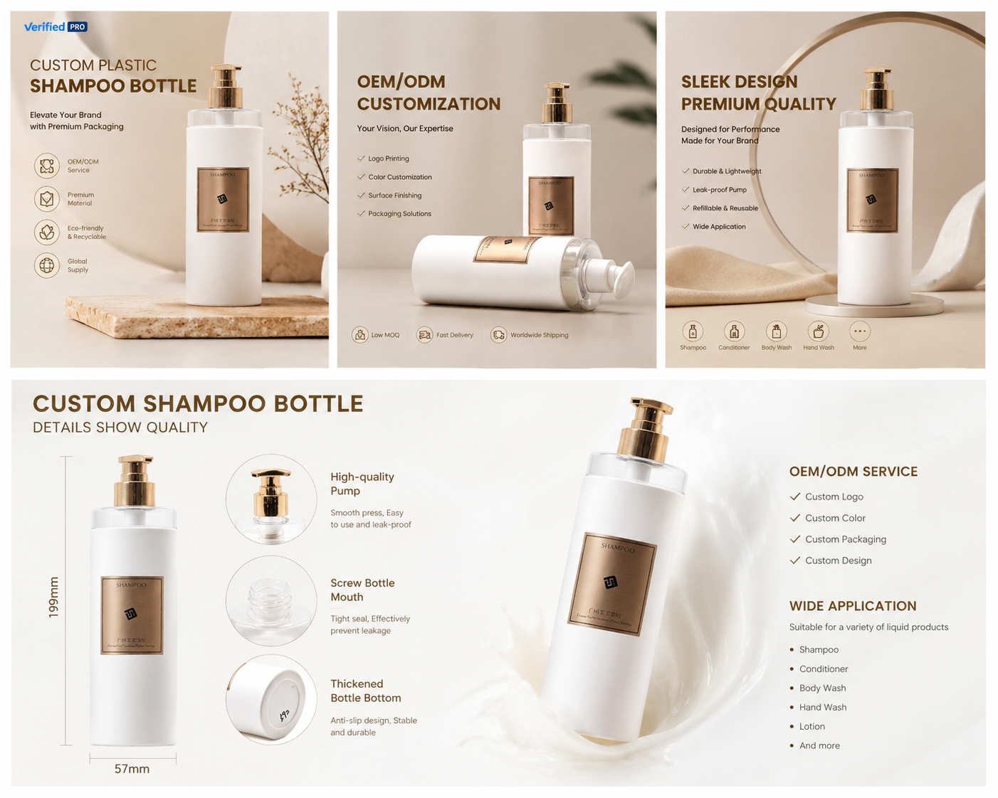 Matte‑White Cylindrical PET Pump Bottles | Luxury Gold‑Accent Personal‑Care Containers