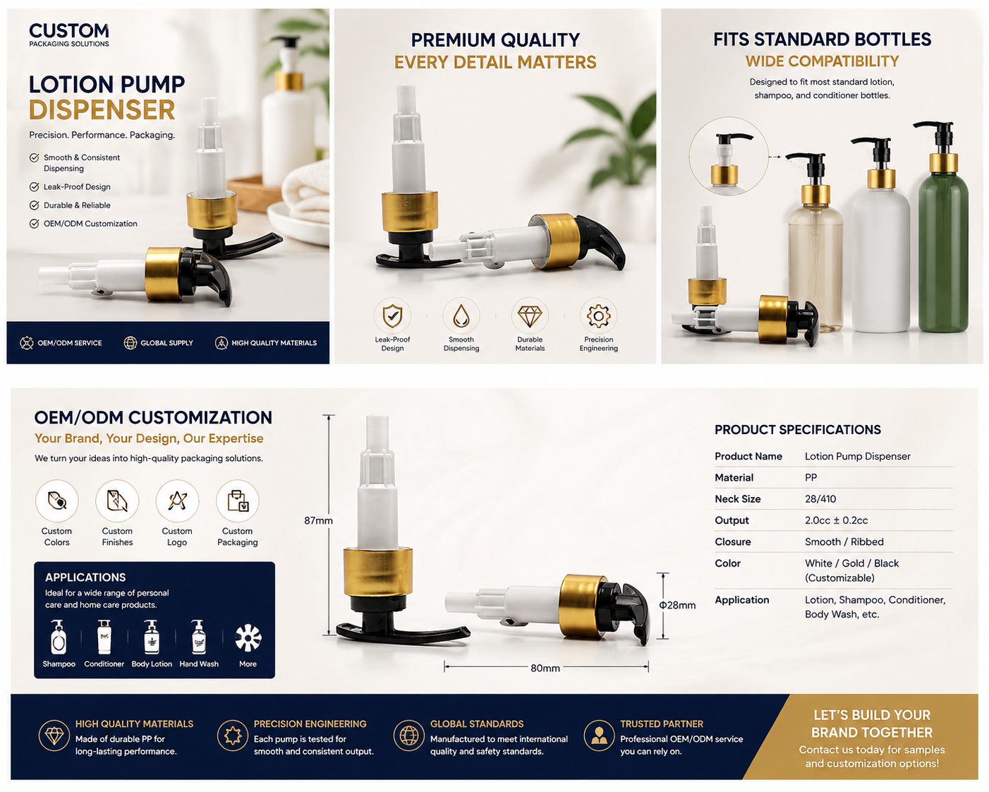 Luxury Gold Collar Cosmetic Pump, Black Swing‑Type Actuator for Lotion & Daily Skincare Containers