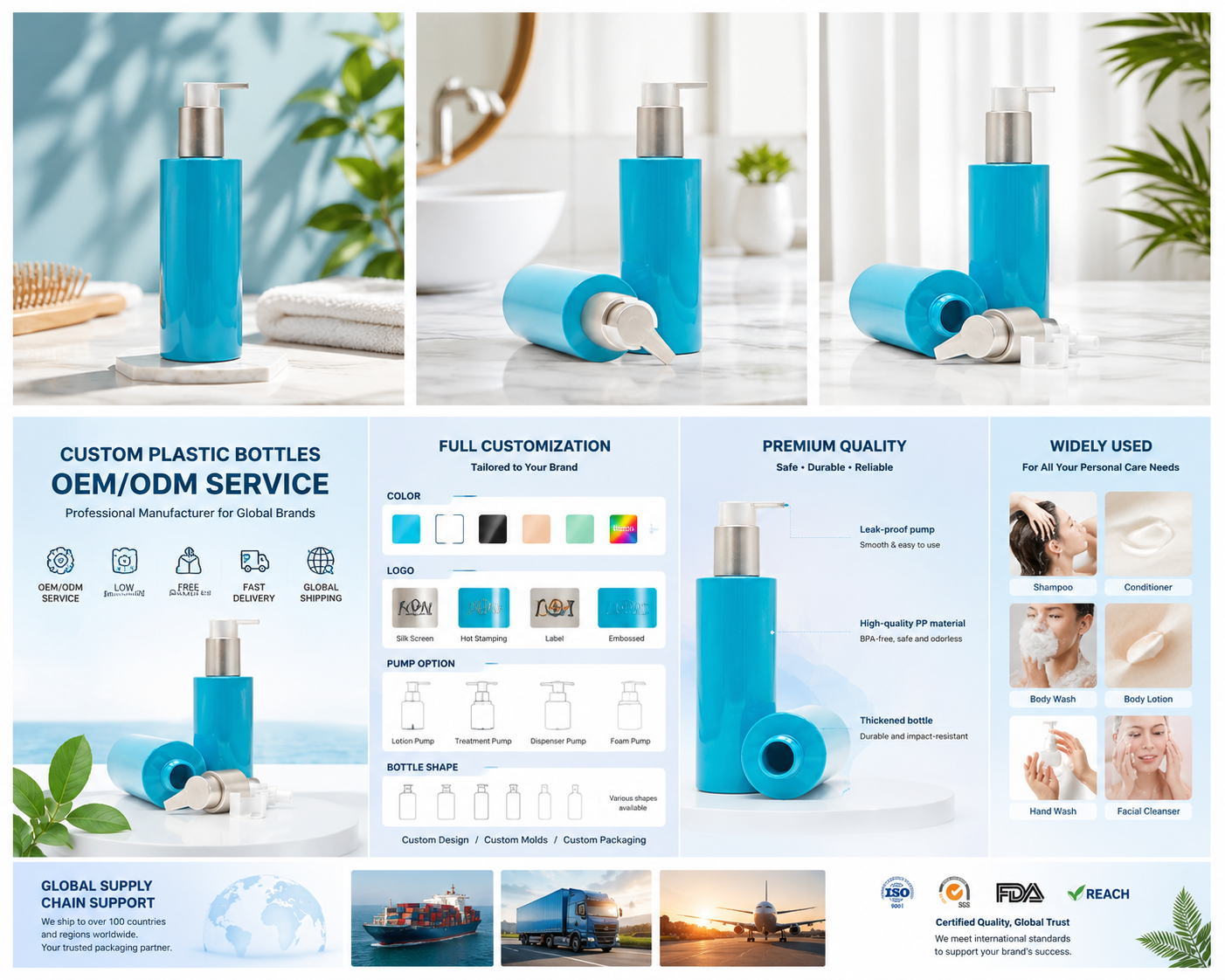 Cylindrical PP Plastic Lotion Pump Bottle for Hair & Body Care