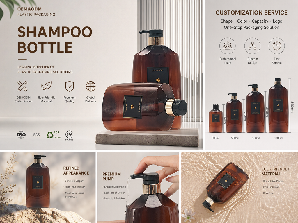 Transparent Amber Curved Flat‑Sided Pump Bottles | Luxury Salon‑Style Personal‑Care Packaging