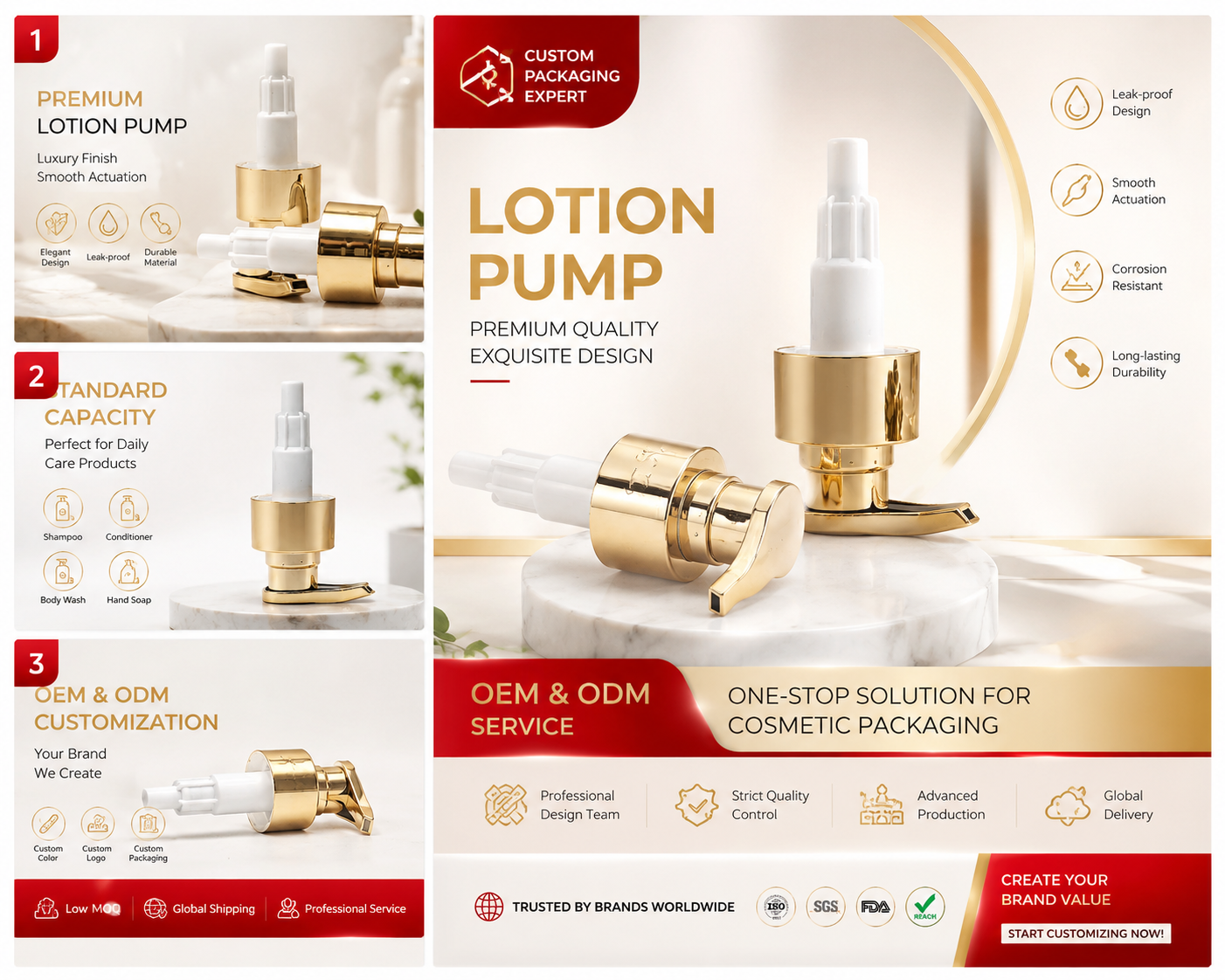 Glossy Gold Electroplated Lotion Pump Head, Press‑Type Dispenser for High‑End Beauty Packaging