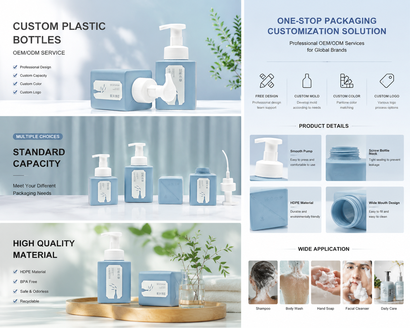Matte Blue Square Foam Bottles | Soap & Cleanser Packaging