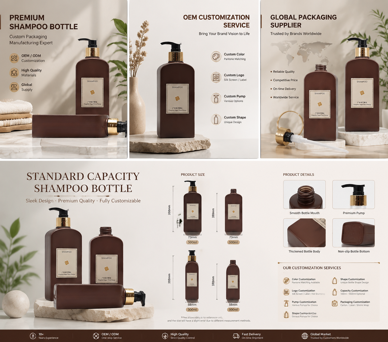 Dark Brown Flat‑Corner Rectangular PET Bottle with Gold‑Trim Pump | Premium Hair & Body Care Packaging
