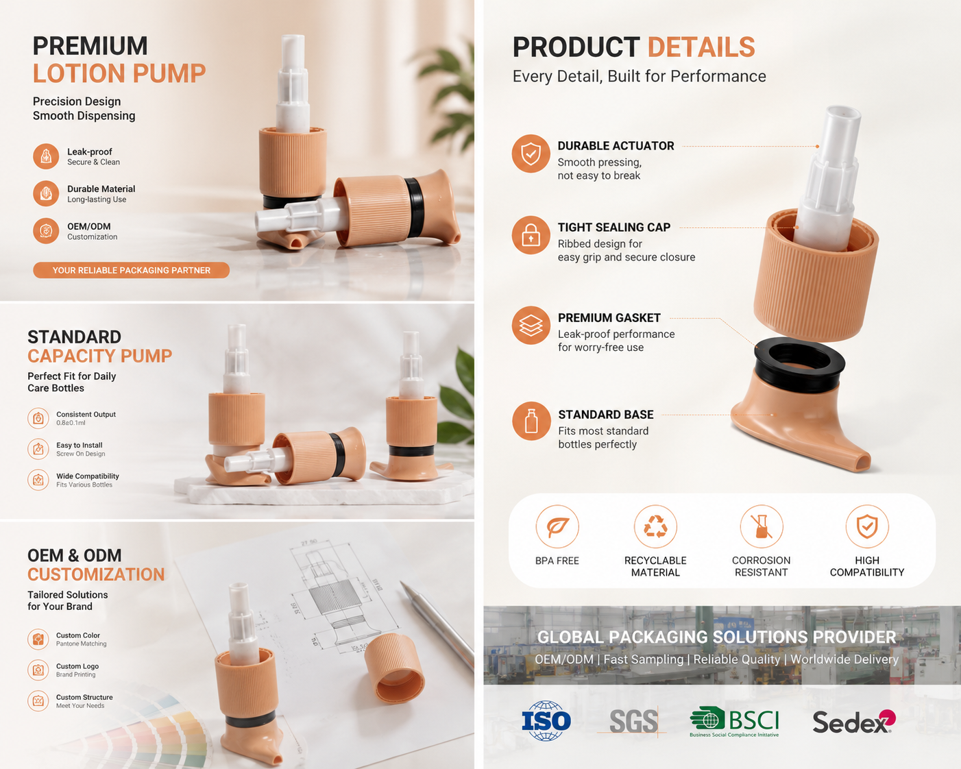 Classic Ribbed Beige Cosmetic Dispenser Pump, Practical Accessory for Lotion, Shampoo and Body Care Containers
