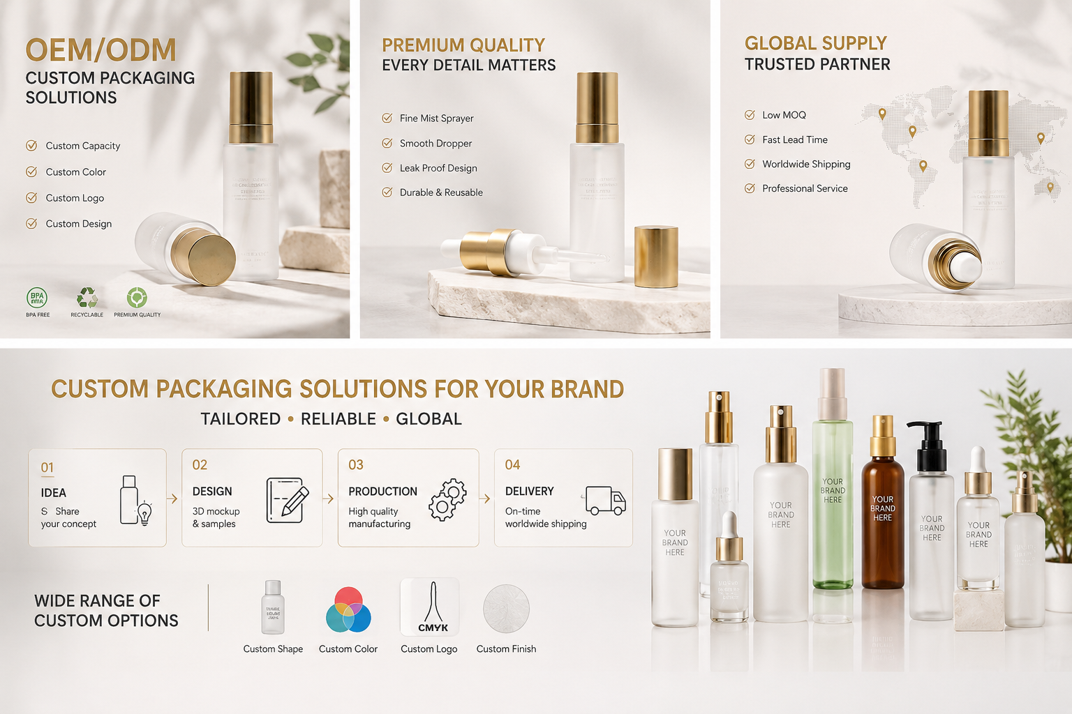 Custom Frosted Empty Plastic Bottle Gold Pump for Facial Serum