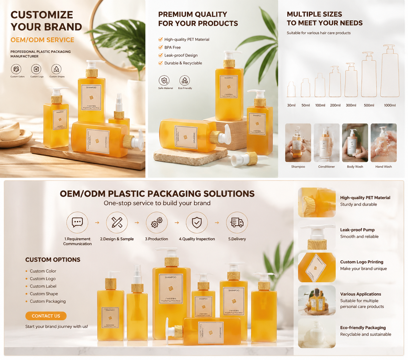 Amber Clear Rounded‑Corner Square PET Bottle With Gold Pump | Premium Personal‑Care Packaging