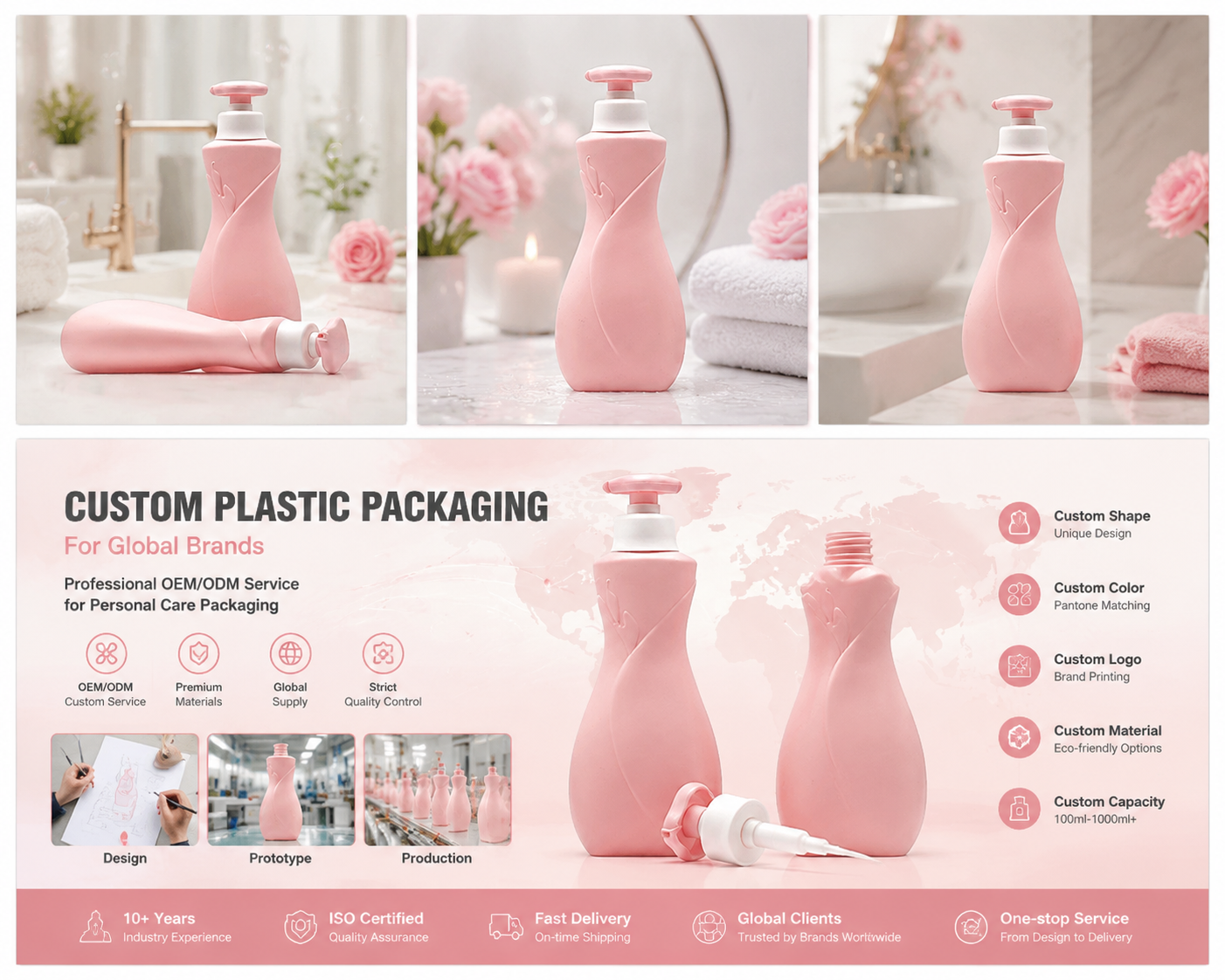 Matte Pink Curved Waisted PET Bottle With Pink‑White Pump | Elegant Personal‑Care Cosmetic Packaging